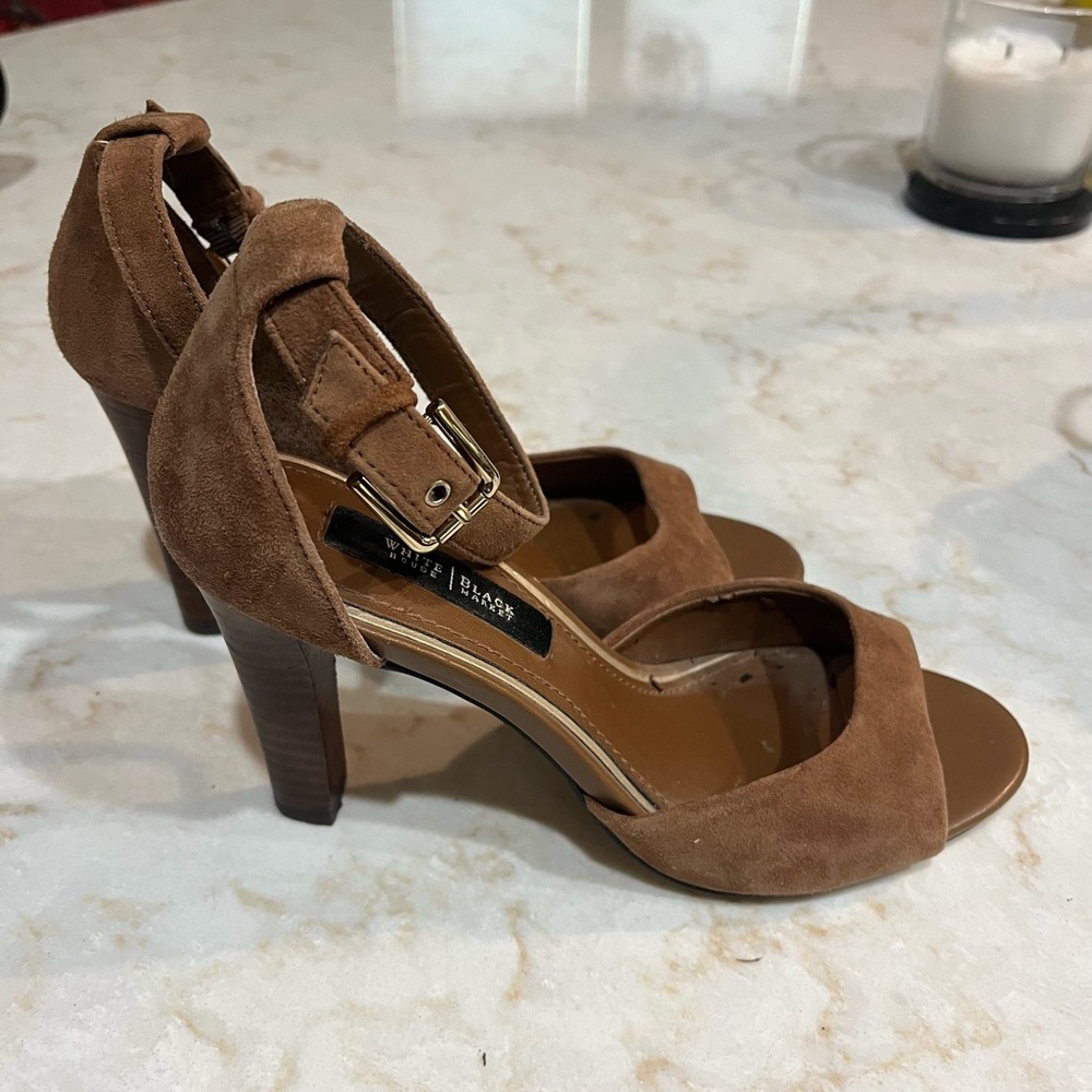 WHBM brown suede strap buckle heels